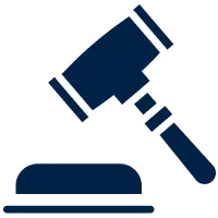 Icon of a navy blue judge's gavel striking a sound block on a white background.