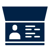 Illustration of an open identification card with user icon and text lines.