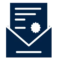 Icon of a dark blue envelope containing a document with text lines and a seal.
