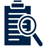 Icon of a dark blue clipboard with white document lines and a magnifying glass overlay.