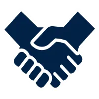 Icon of two dark blue hands engaged in a handshake on a white background.