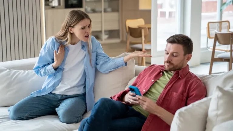 A woman in a blue shirt angrily gesturing at a man in a red shirt using a smartphone on a white couch.