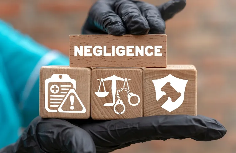 Wooden blocks held by gloved hands, with "NEGLIGENCE" text and legal icons.